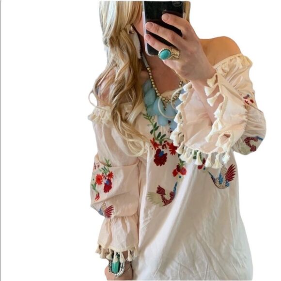 BOHO floral tassel trim dress size S off the shoulder NWOT - Picture 1 of 7